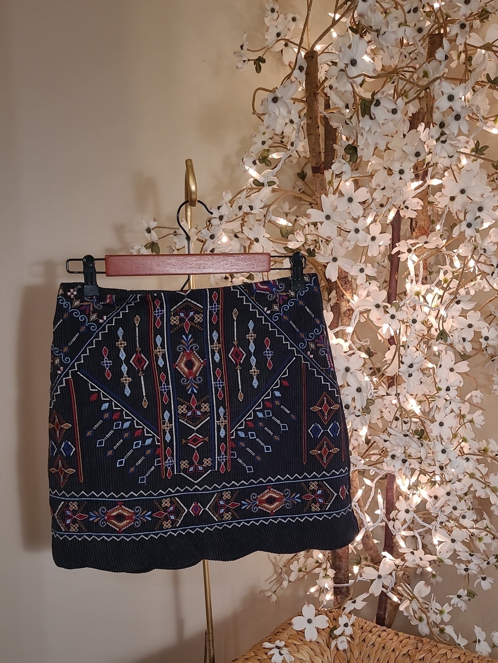 Aztec Embroidered Corduroy Mini Skirt
